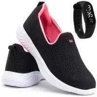 Kit Tênis e Relógio LED Sapatilha Casual Feminino Mikelly Caminhada Preto e Rosa em oferta na Americanas