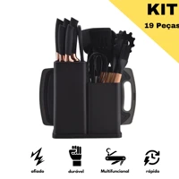 Imagem da promoção Kit 19 Peças Jogo de Utensílios Para Cozinha em Silicone Com Cabo de Madeira Completo