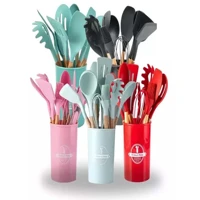 Imagem da promoção Kit 5/12 Jogo de Cozinha Silicone, Utensílios Suporte para Cozinheiro Cabo de Madeira MasterChef