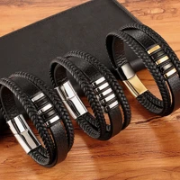 Imagem da promoção 3 Camadas Design Estilo Punk Preto Pulseira De Couro Para Homens Aniversário Em Aço Inoxidável Acess