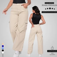 Imagem da promoção Calça Cargo 100% Jeans Original Wide Leg Bege Pantalona 10 Ao 44 + 5 Cores