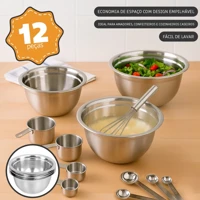 Imagem da promoção Kit 12 Peças Bowl em Aço Inox Escovado – Tigelas + Medidores + Fouet Premium