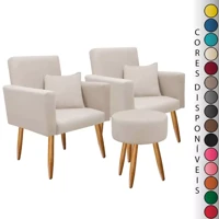 Imagem da promoção Conjunto 02 Poltronas para Sala Decorativa Nina com Almofada e Puff Redondo Pés Palito Suede Aninha