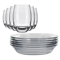 Imagem da promoção Jogo De 6 Pratos E 6 Copos Vidro Elegante Buffet Restaurante Transparente