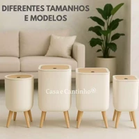Imagem da promoção Lixeira De Plástico 9/8 Litros Branca Com Pés De Bambu Tampa Click De Pressão Cozinha Banheiro