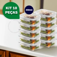 Imagem da promoção Kit 10 ou 5 Potes Vidro Hermético 450ml Retangular Mantimentos Marmita Premium