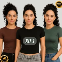 Imagem da promoção Kit 3 Baby Tee Feminina – Blusa Básica Slim Manga Curta