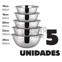 Imagem da promoção Conjunto de 5 Tigelas Bowls de Aço Inox Multiuso para Cozinha 14cm 16cm 20cm 22cm 24cm