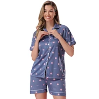 Imagem da promoção Z&D Lingerie Conjunto Pijama Feminino Curto Azul com Estampa de Corações e Bolinhas SY11