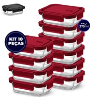 Imagem da promoção Kit 10 ou 5 Potes Vidro Retangular Hermético 375ml 4 Travas Marmita Premium Vermelho