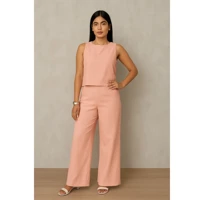 Imagem da promoção Conjunto Feminino Alfaiataria De Linho Outono Inverno Calça Pantalona E Camiseta Regata Casual