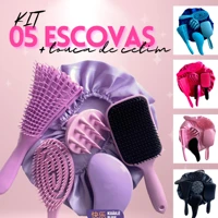 Imagem da promoção Kit 05 Escova Flex com Raquete Fashion Escova Mágica Massageador de Silicone e Touca de Cetim