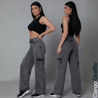 Imagem da promoção Calça Cargo Grafite Cinza Jeans Feminina Wide Leg