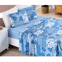 Imagem da promoção Jogo De Cama Bouti Queen 4 Peças Lençol Estampado Patchwork Cor Azul Sereno Desenho Do Tecido Florid