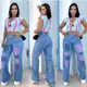 Calça jeans feminina Wide Leg com estampa lavagem azul clara - Fantástico brilho jeans em oferta