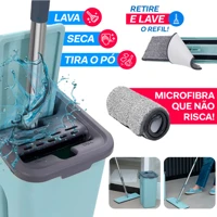 Imagem da promoção Mop Flat c/ 2 Refis Microfibra Rodo Esfregão Mágico Com Balde Mopi Limpeza Lava Seca Tira Pó