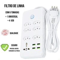 Imagem da promoção Régua Filtro de Linha com 7 Tomadas Extensão Elétrica 1 Universal 4 USB Bivolt 10A 110v/220v Cabo de