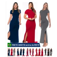 Imagem da promoção Vestido Longo Canelado com Manga Curta Feminino Longo com Fenda Gestante