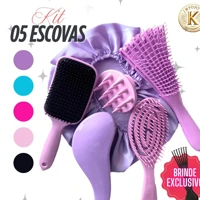 Imagem da promoção Kit 5 Escovas Cabelo + Touca Cetim Raquete Fashion – Silicone Massageadora