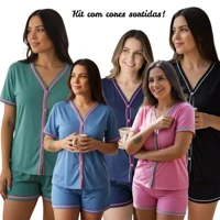 Imagem da promoção Kit com 3 Pijamas Baby Doll Amamentação Americano Cirúrgico com botões em Malha Cores Sortidas
