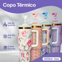 Imagem da promoção Copo Térmico com Canudo 1.2L Inox 1200mL Garrafa com Protetor de Canudo Florido Personalizado Floral