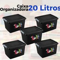 Imagem da promoção Kit Jogo Caixas Organizadoras Pretas Com Tampa e Trava 20 Litros Cesto Organizador