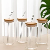 Imagem da promoção Kit 4 Copos de Vidro com Tampa de Bambu e Canudo de Reutilizável