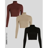 Imagem da promoção Kit 3 Croppeds Canelados Gola Alta Manga Longa Feminina Moda Gringa Elegante Mulher