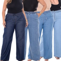 Imagem da promoção Calça Wide Leg Plus Size Jeans Feminina Cintura Alta Pantalona Tecido Leve