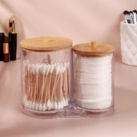 Imagem da promoção Porta Cotonetes Duplo Em Acrílico Ou Tampa Bambu 15x15x12cm Organizador de Algodão Super Resistente