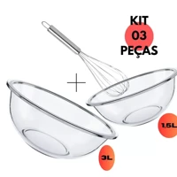 Imagem da promoção Jogo Kit 02 Tigelas 1,5+3LT Vidro Preparo + 1 Fue Inox Sobremesa Bolo Saladeira Grosso Doce Salada B