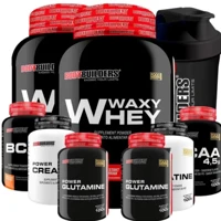 Imagem da promoção Kit 2x Waxy Whey Protein 900g + 2x Bcaa + 2x Creatina 100g + 2x Glutamina 100g + Coqueteleira Bodybu