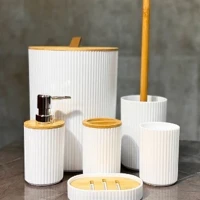 Imagem da promoção Utensilios Para Banheiro Lixeira Saboneteira Porta escova Bambu Kit Lavabo 4 Unidades Decoração Para