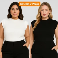 Imagem da promoção kit 2 Blusas Feminina Muscle tee Plus Size Ribana Canelada Gola Redonda Básica Social Elegante All C