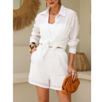 Imagem da promoção Conjunto Camisa E Short Com Forro Branca Camisa Praia Manga Caindo Social Cintura Elastico Bortao Fr