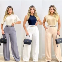 Imagem da promoção Calça Feminina Pantalona Wide Leg Duna com Botão P M G GG Tendência