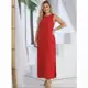 Vestido Feminino Em Linho Elegante Forrado Alça Larga Com Fenda Moda Clássica Verão em oferta