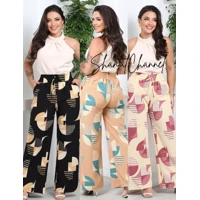 Imagem da promoção Calça Pantalona Feminina Estampada Cintura Alta Com Bolso Sem Transparência Duna PRONTA ENTREGA