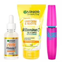 Imagem da promoção Garnier + Maybelline Kit – Gel de Limpeza Facial + Sérum Facial + Máscara de Cílios The Falsies