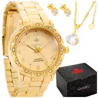 Imagem da promoção Relógio QUEBEC Feminino Dourado Lindo Aprova D'água + Colar e Brincos - Quebec Watch
