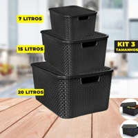 Imagem da promoção Kit 3 Caixas Organizadoras Cesto Organizador 7 14 20 Litros Rattan Com Tampa Multiuso Kit