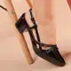 Sapato Feminino Slingback Scarpin Social Tiras Fivela Bico Fino Verniz Salto Baixo Bloco Confortável em oferta
