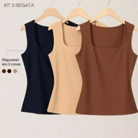Imagem da promoção Kit 3 Regata Blusa Decote Quadrado Reta Tendencia Suplex Premium Liso Verão Moda Gringa