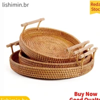 Imagem da promoção Bandeja De Rattan Armazenagem Redonda Com Cabo De Madeira Para Pão De Frutas Servir Alimentos