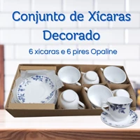 Imagem da promoção Conjunto 6 Xícaras 200ml Pires Mesa Louça Opaline Casa Cozinha Decoração Café Chá Decorado