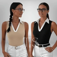 Imagem da promoção Kit 2 ou 1 Blusa Polo Regata Feminina Bicolor Canelada Premium Moda Social Básica Casual