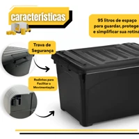 Imagem da promoção Caixa Organizadora 95 Litros com Tampa, Rodinhas e Trava Reforçada Multiuso Preta Brinquedos