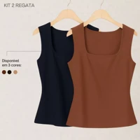 Imagem da promoção Kit 2 Regata Blusa Decote Quadrado Reta Tendencia Suplex Premium Liso Verão Moda Gringa