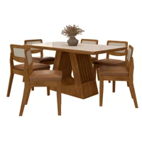 Imagem da promoção Conjunto Mesa de Jantar Santiago Com 6 Cadeiras Sextavada Freijó/Off Premium/Corino Caramelo - Móvei
