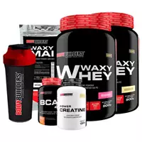 Imagem da promoção KIT Whey Protein Waxy Whey 900g + Bcaa + Creatina + Waxy Maize + Coqueteleira Bodybuilders